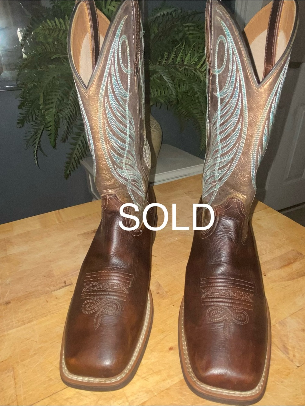 Ariat Brown Leather Cowboy Boots with Light Blue Stitching